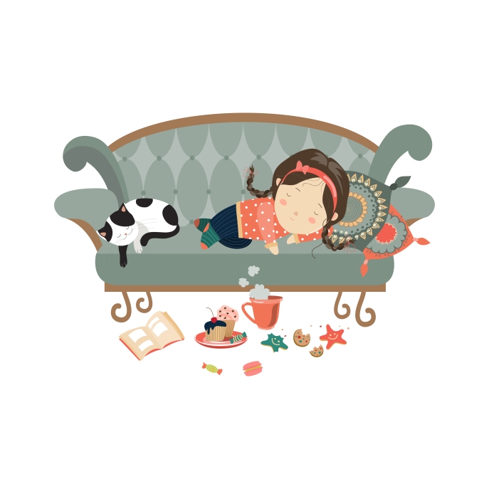 Lazy sleeping girl with cat